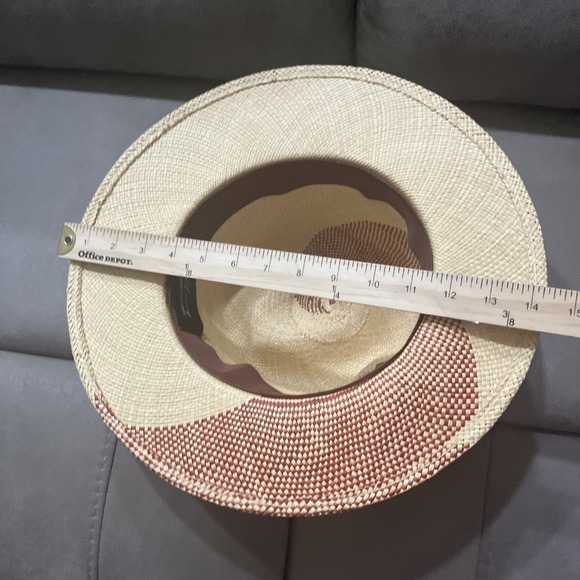 Frances Grey Hand Woven Straw Panama Hat Two Tone Cream Brown Wide Brim Fedora - Picture 14 of 14